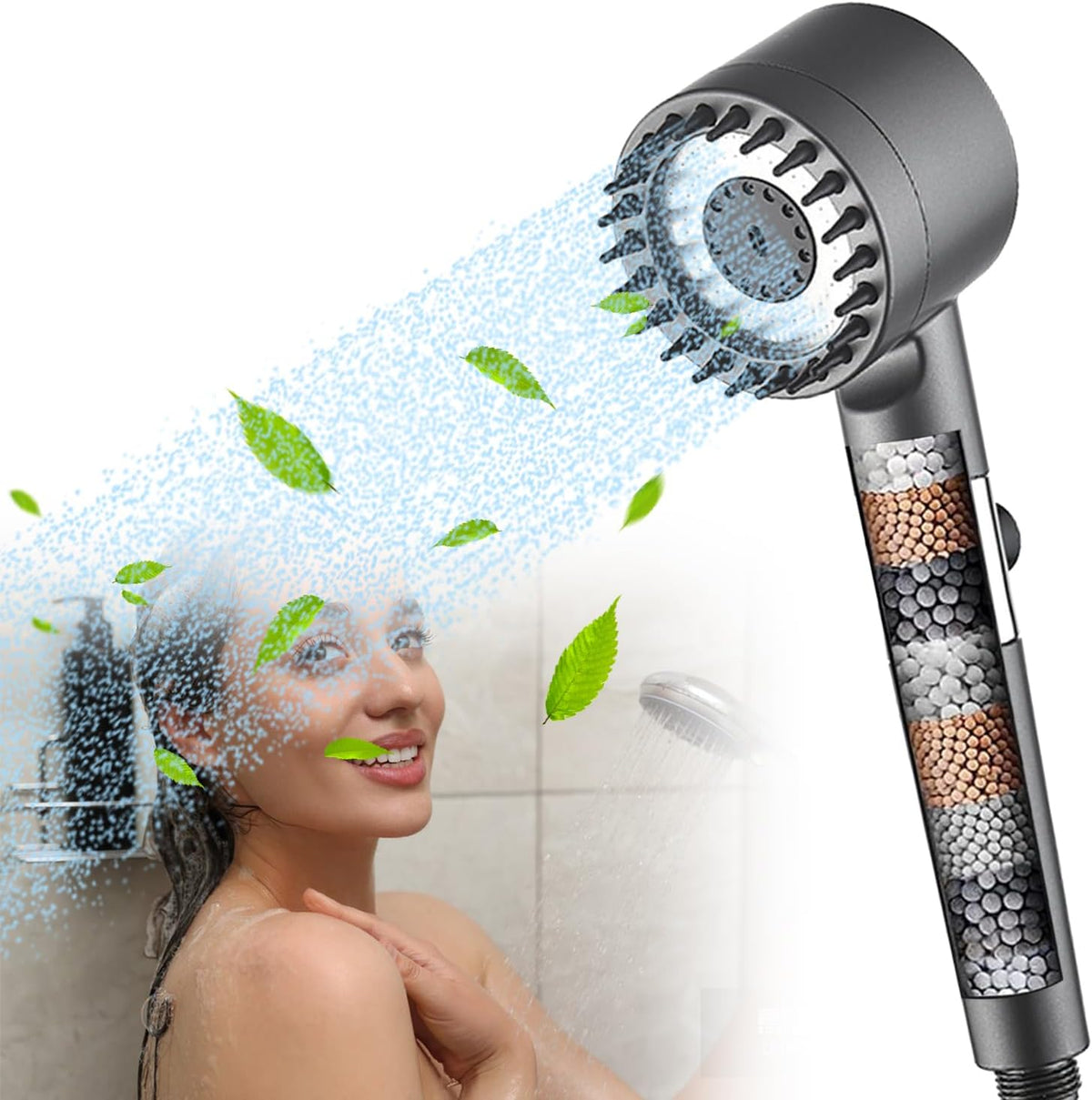 Wassersparender Duschkopf Mit Filter - Handdusche, Antikalk, Kalkfilter, Hochdruck, Shower Head (Grau)